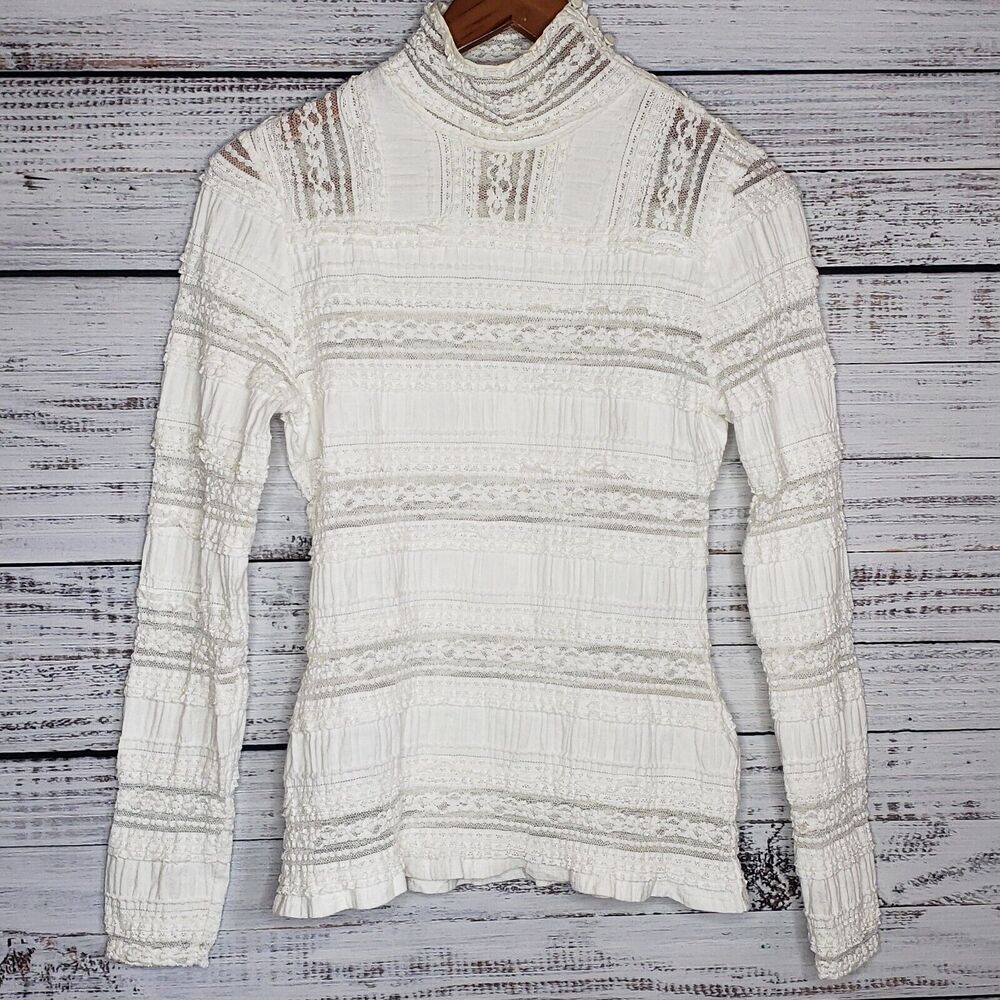 Cinq A Sept White Lace Cotton/Nylon/Silk Trim Turtleneck Top Women’s M